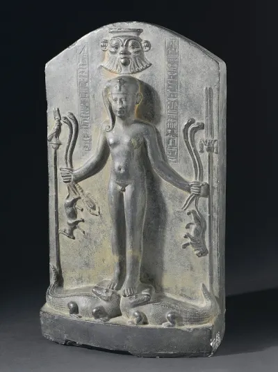 This magical stela (1000 to 200 BCE), known as a cippus, was believed to heal venomous bites and stings. Water poured over its surface was t