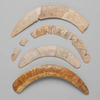 Collection of magic apotropaic wands, carved from hippopotamus ivory. This group date to the Middle Kingdom (c. 1981 to 1640 BCE)