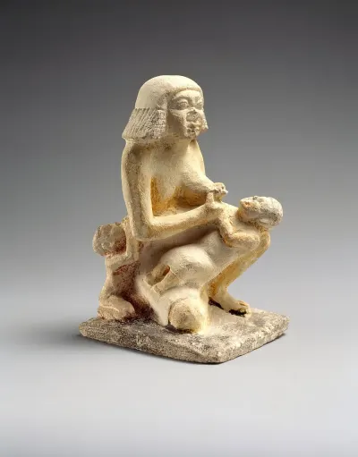 Painted limestone statue of a woman nursing a young girl, indicated by her pale-yellow skin. Behind the woman a young boy, indicated by the 