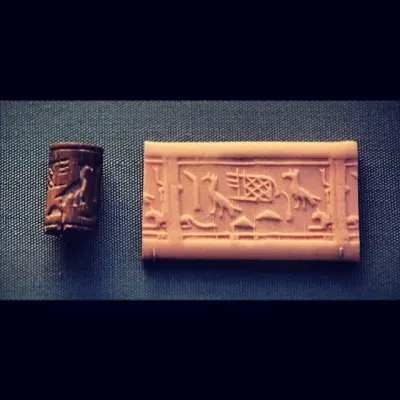 A wooden cylinder seal from Egypt's First Dynasty (c. 3000 BCE), excavated at Abydos. Cylinder seals were a Mesopotamian invention that Egyp