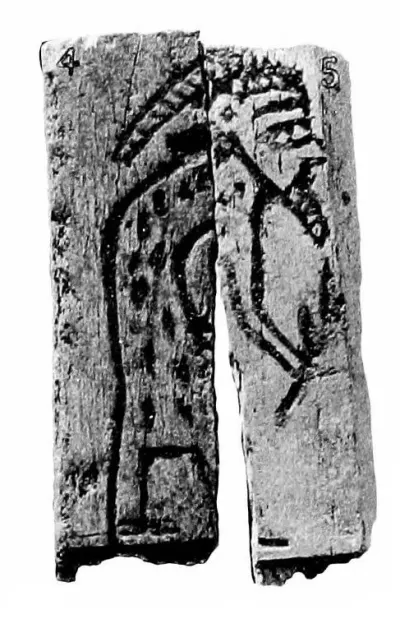 An ivory plaque from tomb B17 at Abydos (Dynasty 1, c. 2960 to 2770 BCE) depicting a tributary figure carrying a branch. Museum of Fine Arts