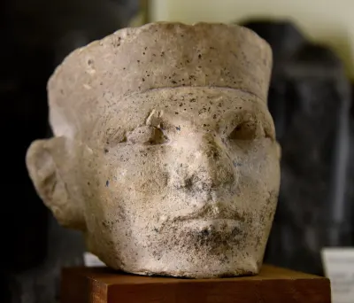 A limestone head of a man, 1st Dynasty, argued by Flinders Petrie to represent Narmer. Petrie Museum, UC15989