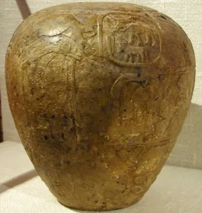 A limestone ceremonial macehead bearing the name of Narmer, excavated at Hierakonpolis. Late Predynastic Period, c. 3325 to 3125 BCE. Found 