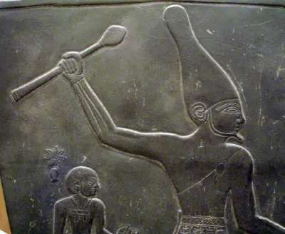 Close-up of the Narmer Palette, showing the ceremonial detail carved in low relief on the greywacke surface
