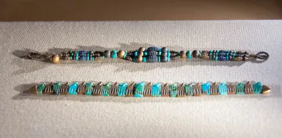 Bracelets discovered on a linen-wrapped forearm, likely belonging to a royal woman such as King Djer’s queen or another member of the royal 