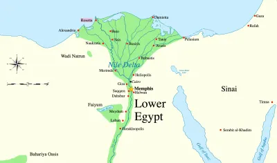 A map of Lower Egypt showing the major archaeological sites of the region, among them Giza and Saqqara
